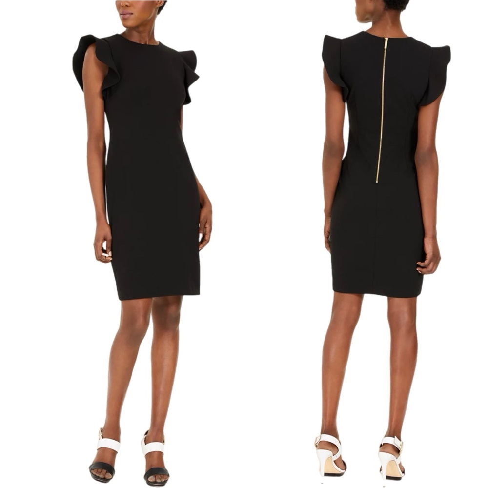 NWT Calvin Klein (Black) Ruffle Sleeve Sheath Dress  - Size 8